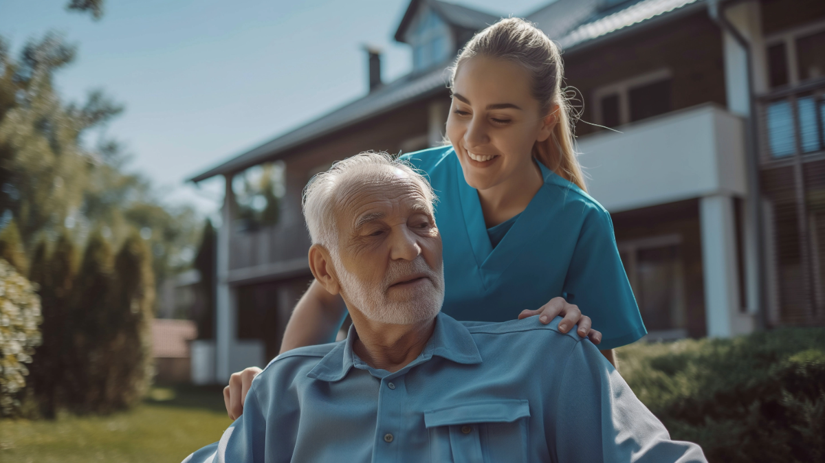 Elderly man with nurse caring for him